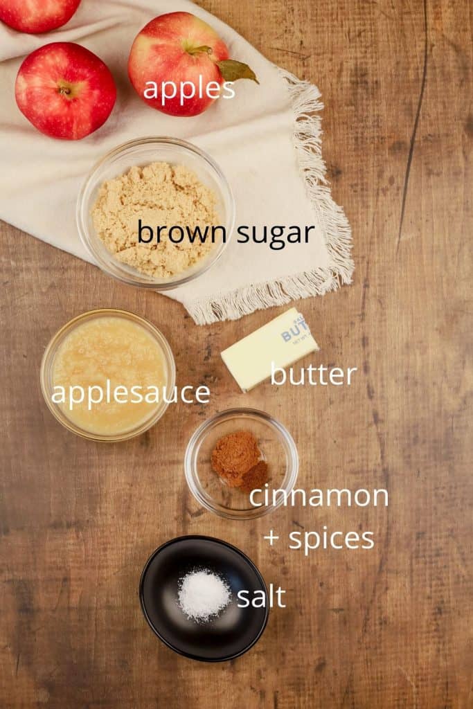 ingredients for apple pie filling in various bowls