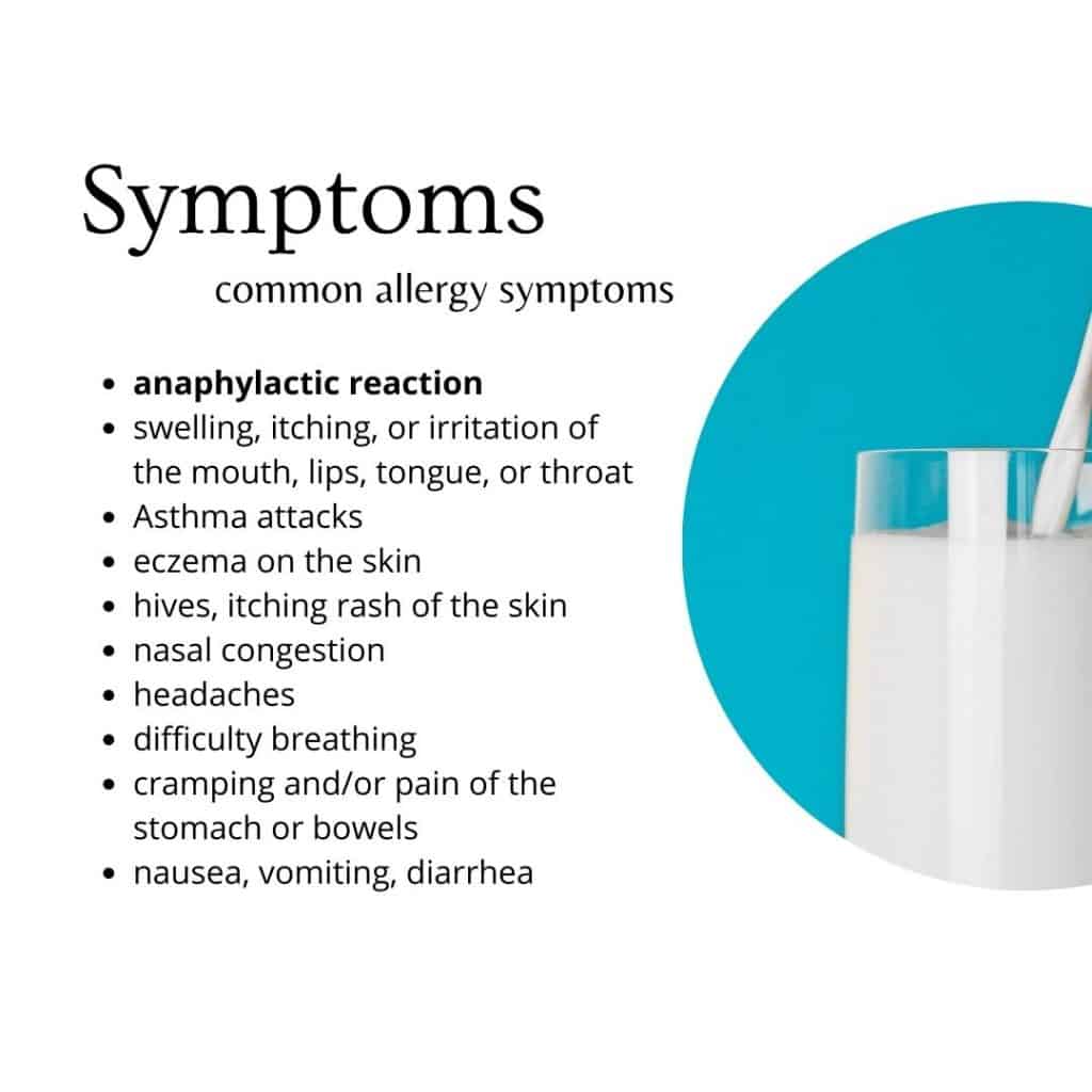 a glass of milk is in front of a blue background. text on the image shows symptoms of a dairy allergy