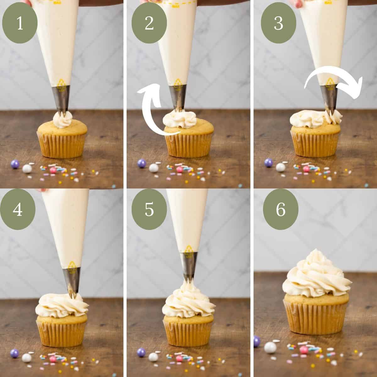 collage of 6 images of frosting a cupcake with a piping bag 
