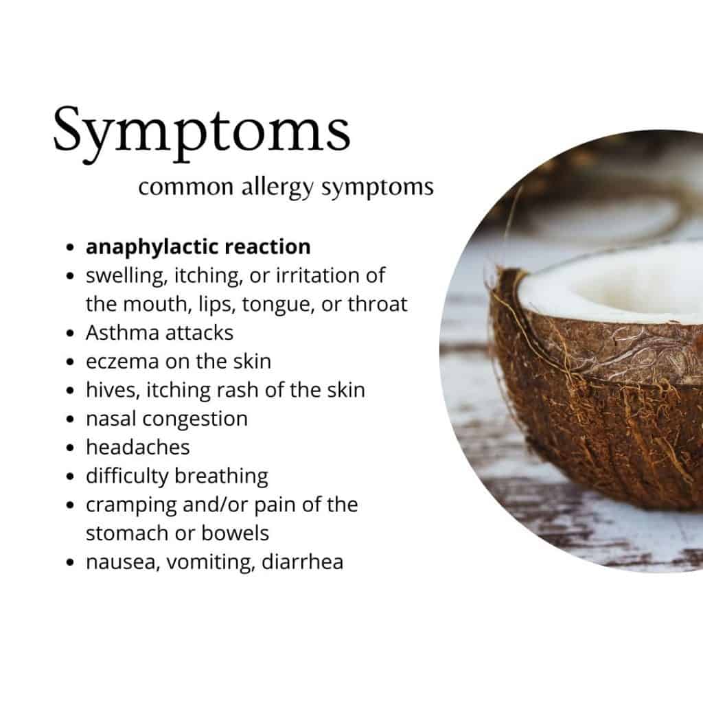a white box is filled with text about the symptoms of a coconut a allergy. a half circle is filled with an image of a sliced open coconut