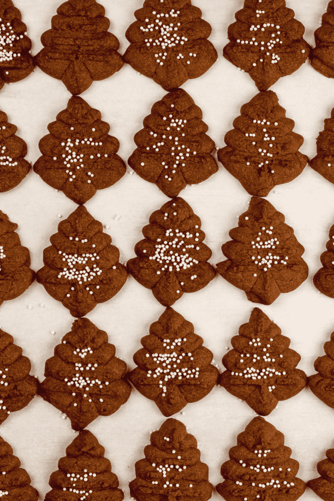 rows of chocolate vegan spritz cookies on a white background with tiny white sprinkles