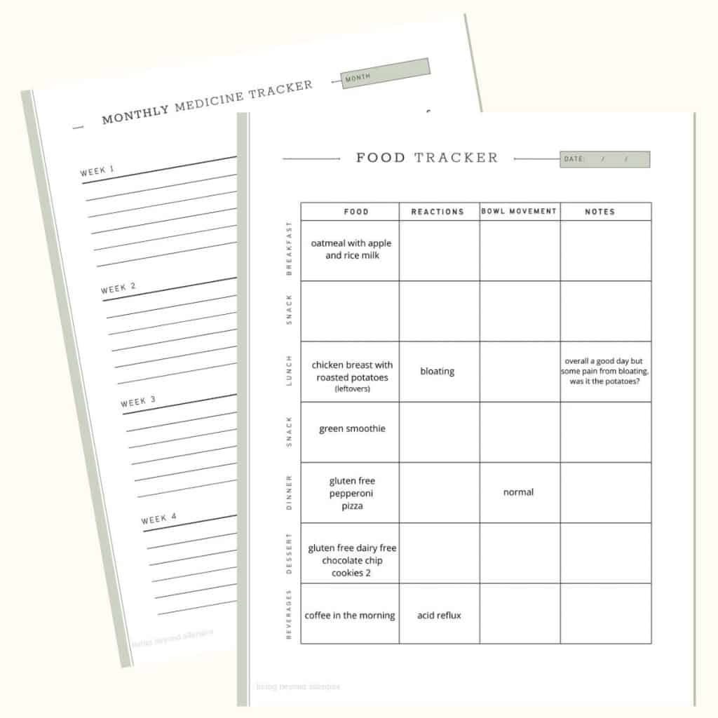 the inside pages of the food and symptom tracker are shown on a light beige background