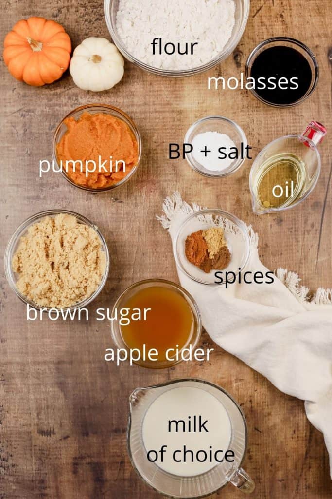 ingredients for pumpkin muffin in various glass bowls