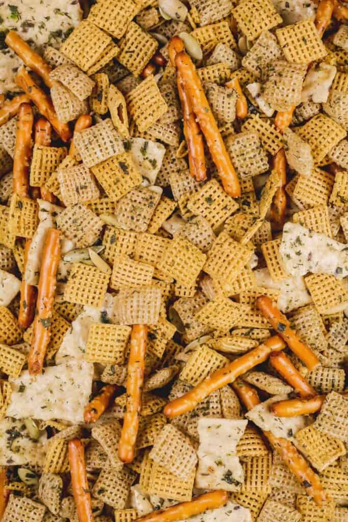 up close view of gluten free Chex mix 