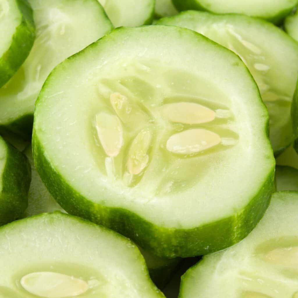 close up of sliced cucumbers