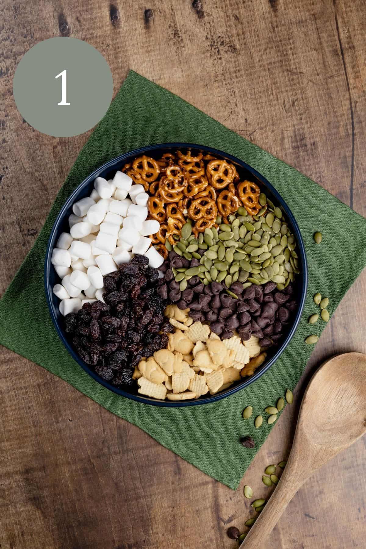 all stores trail mix ingredients in a big bowl ready to be mixed up