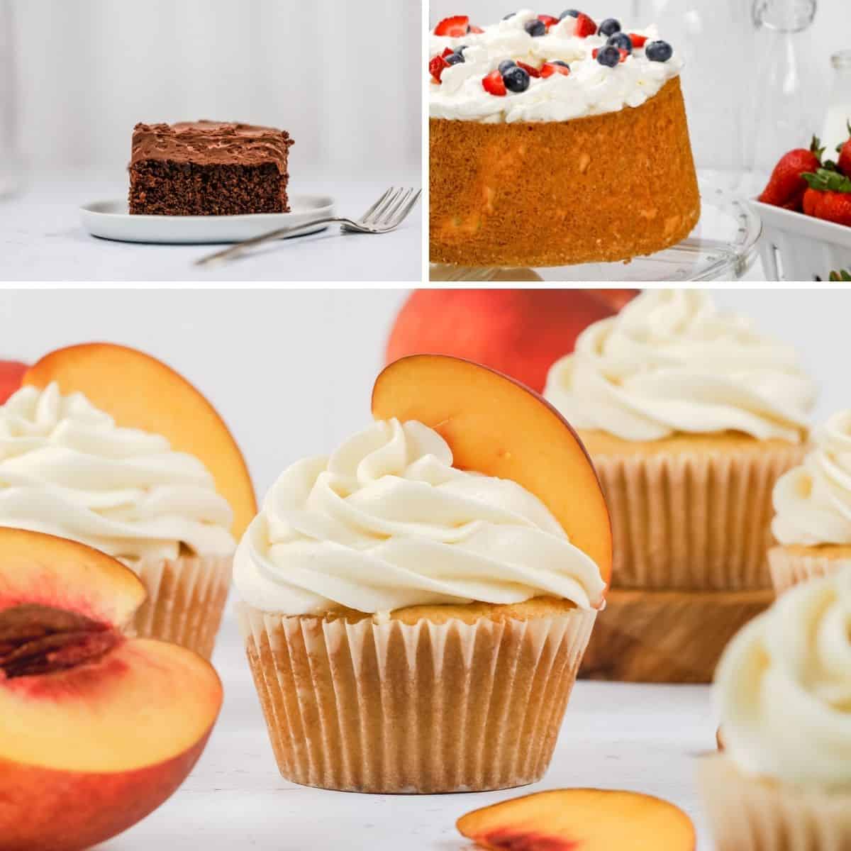 collage of 3 images of desserts for brunch including cakes and cupcakes