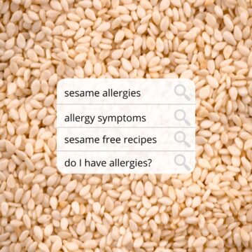 close up of many sesame seeds with text like a search box asking about sesame allergies