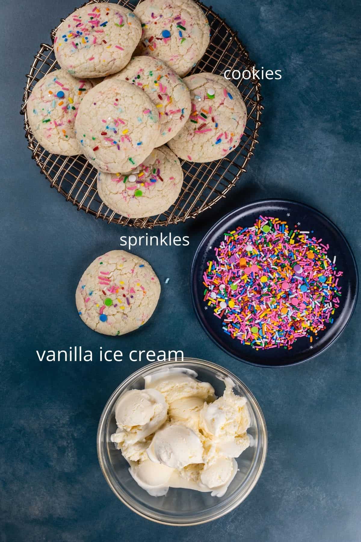 ingredients for ice cream sandwiches with labels in white text