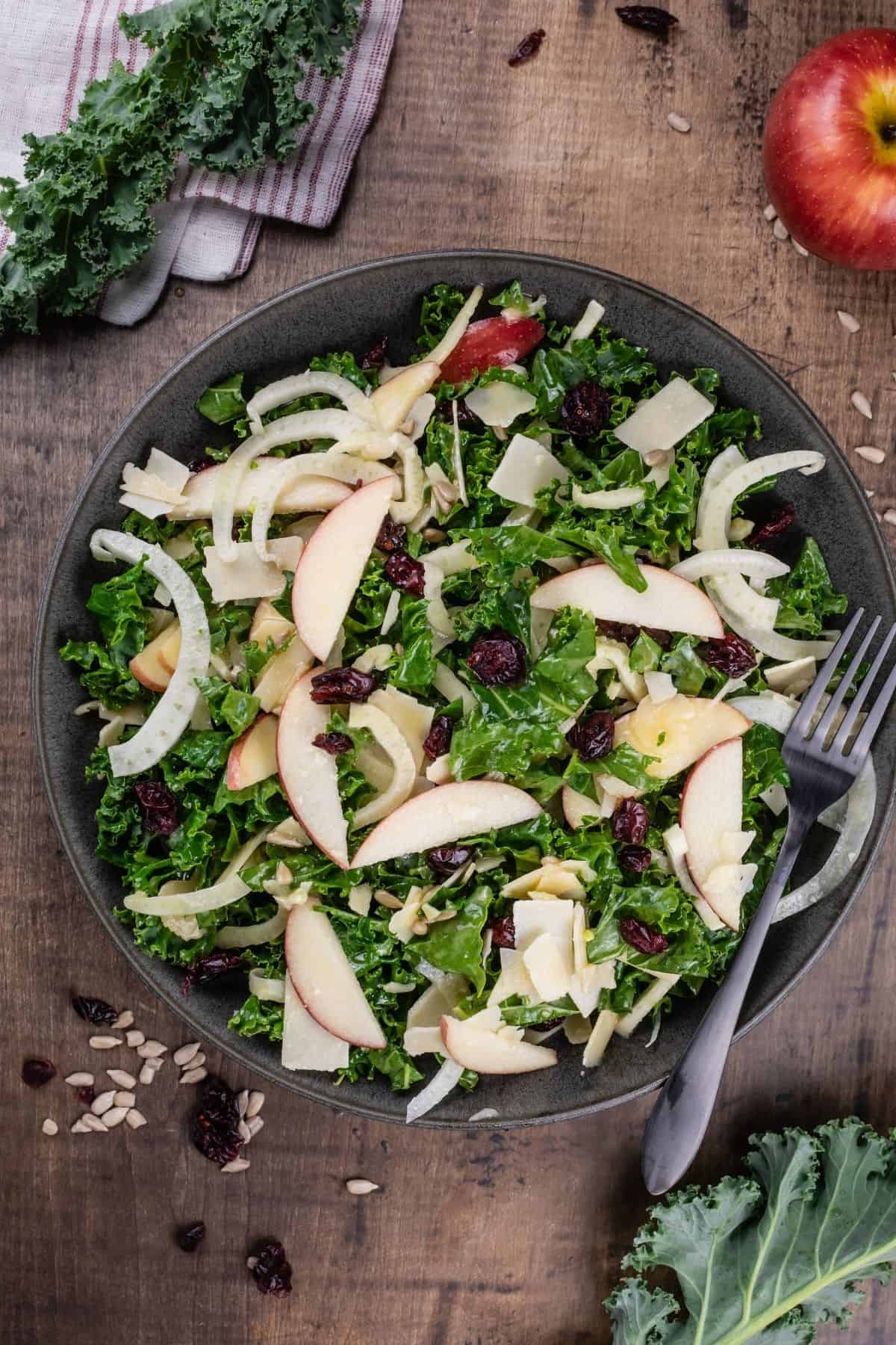 overview of a kale and cranberry salad with fennel and apple slices in a dark bowl with a dark metal fork on a wood table. ingredients like apples and more kale surround the bowl.