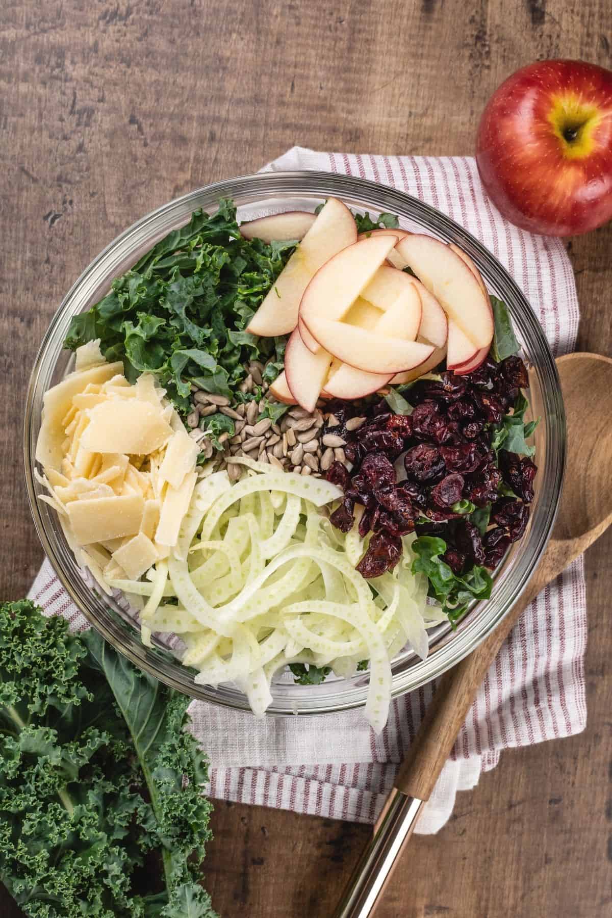 glass bowl filled with the ingredients for a kale and cranberry salad before mixing it all together. a wood spoon and a single apple are next to the bowl.