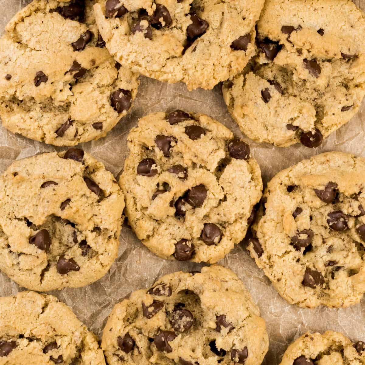 close up overview of chocolate chip cookies without eggs. they are resting on light brown crinkled parchment paper.