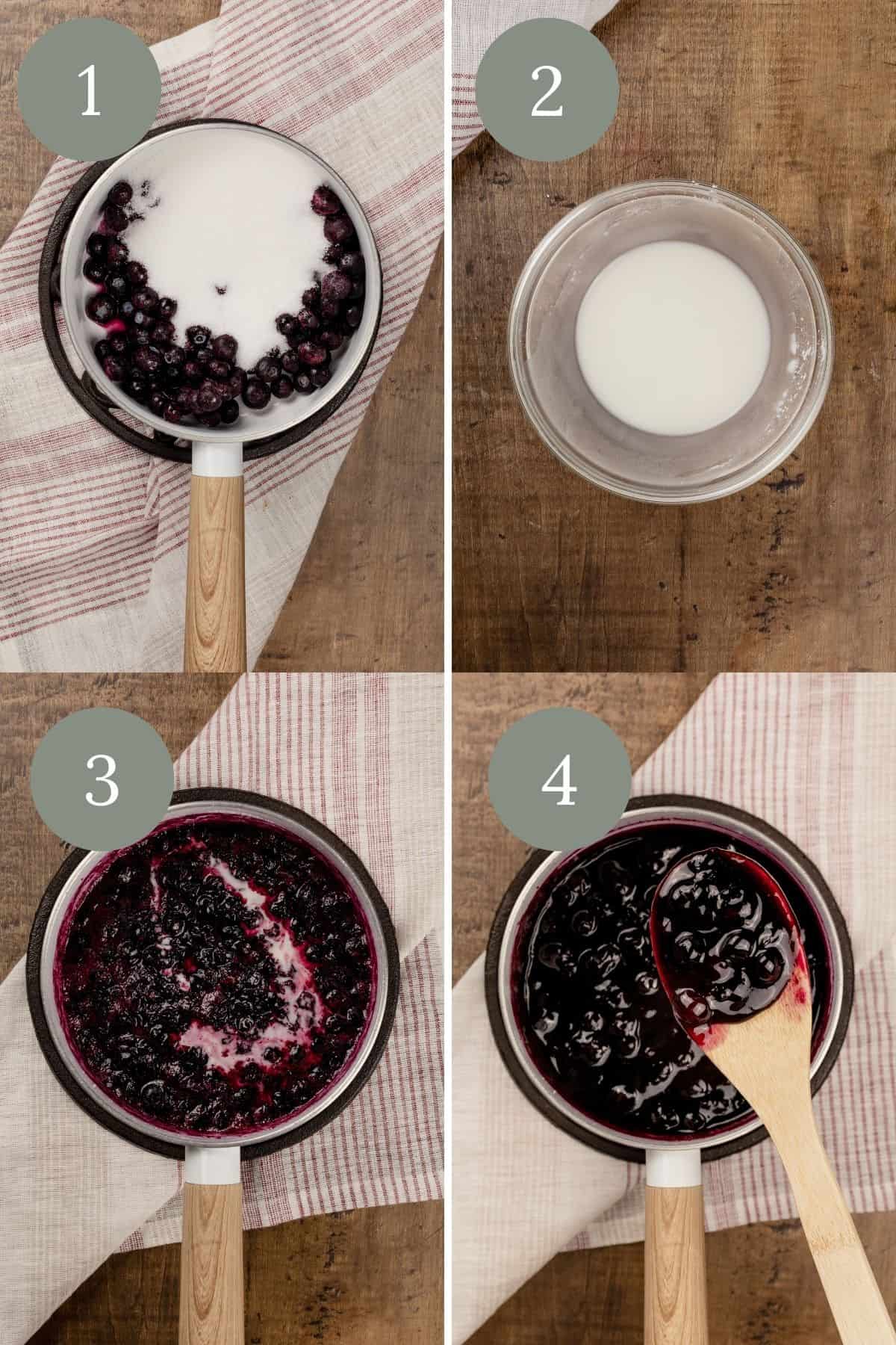 a collage of 4 steps to making blueberry sauce. each image has a white number in a green circle in the top left corner.