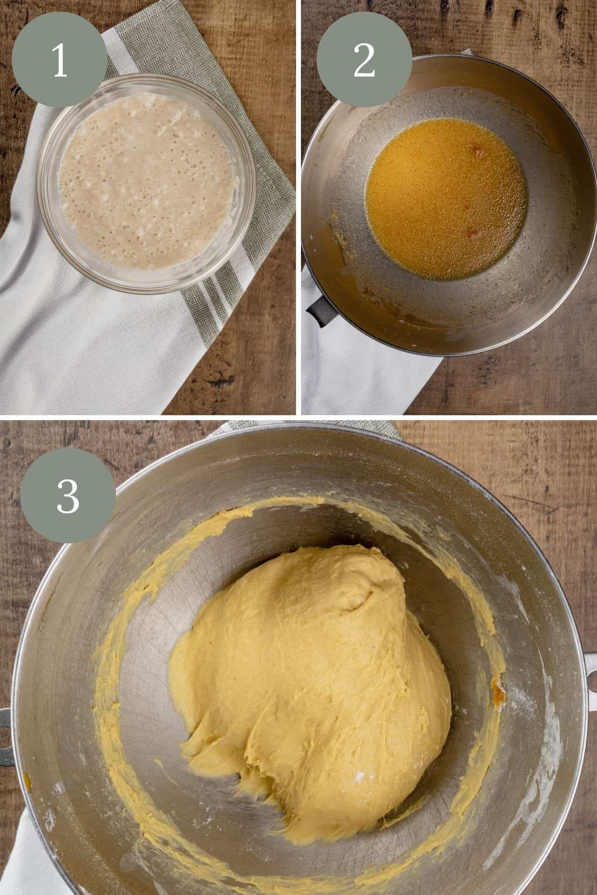 collage of 3 images for the first 3 steps of making pumpkin rolls.