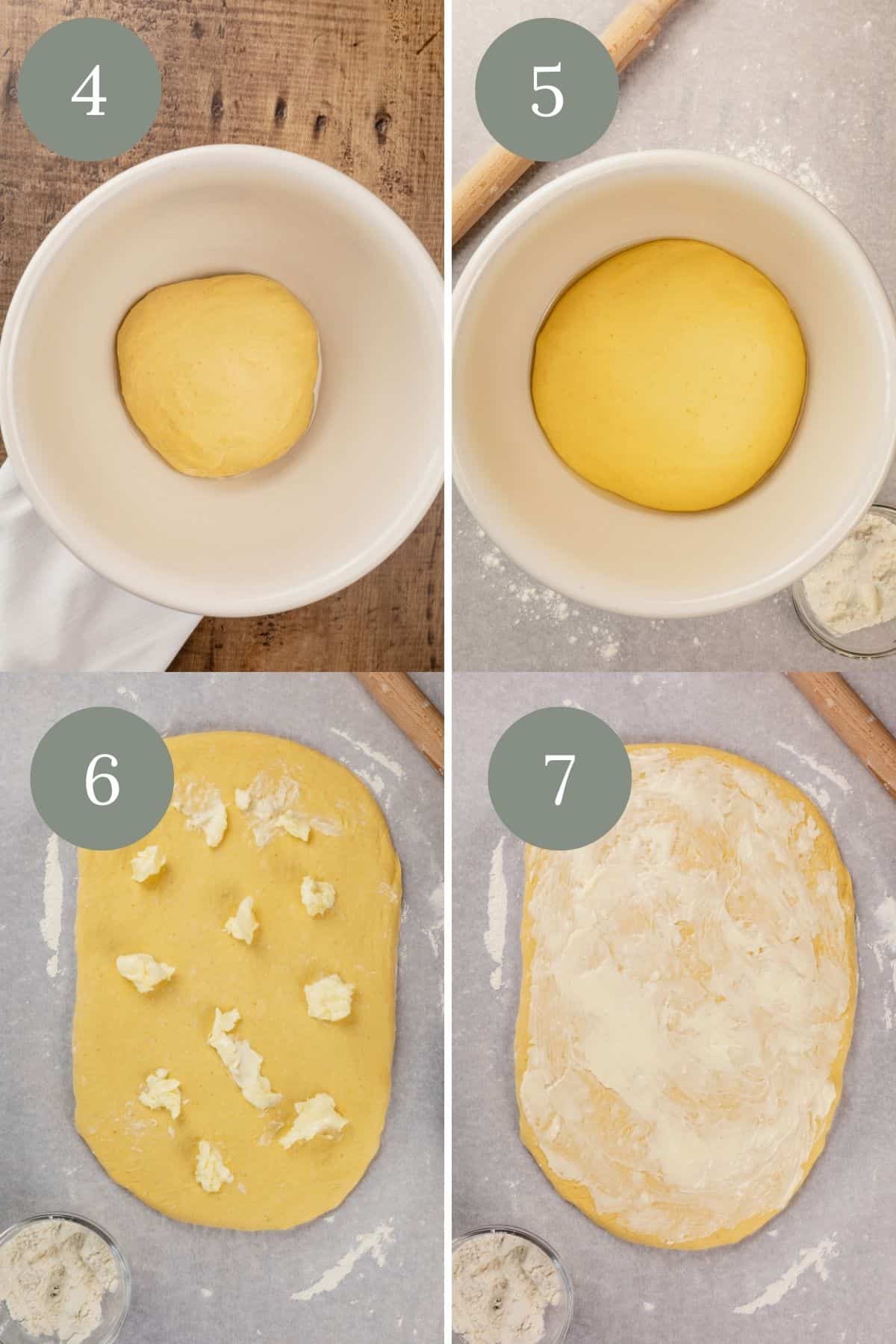 collage of 4 images of the first rise of the cinnamon rolls and rolling them out and covering them in vegan butter.