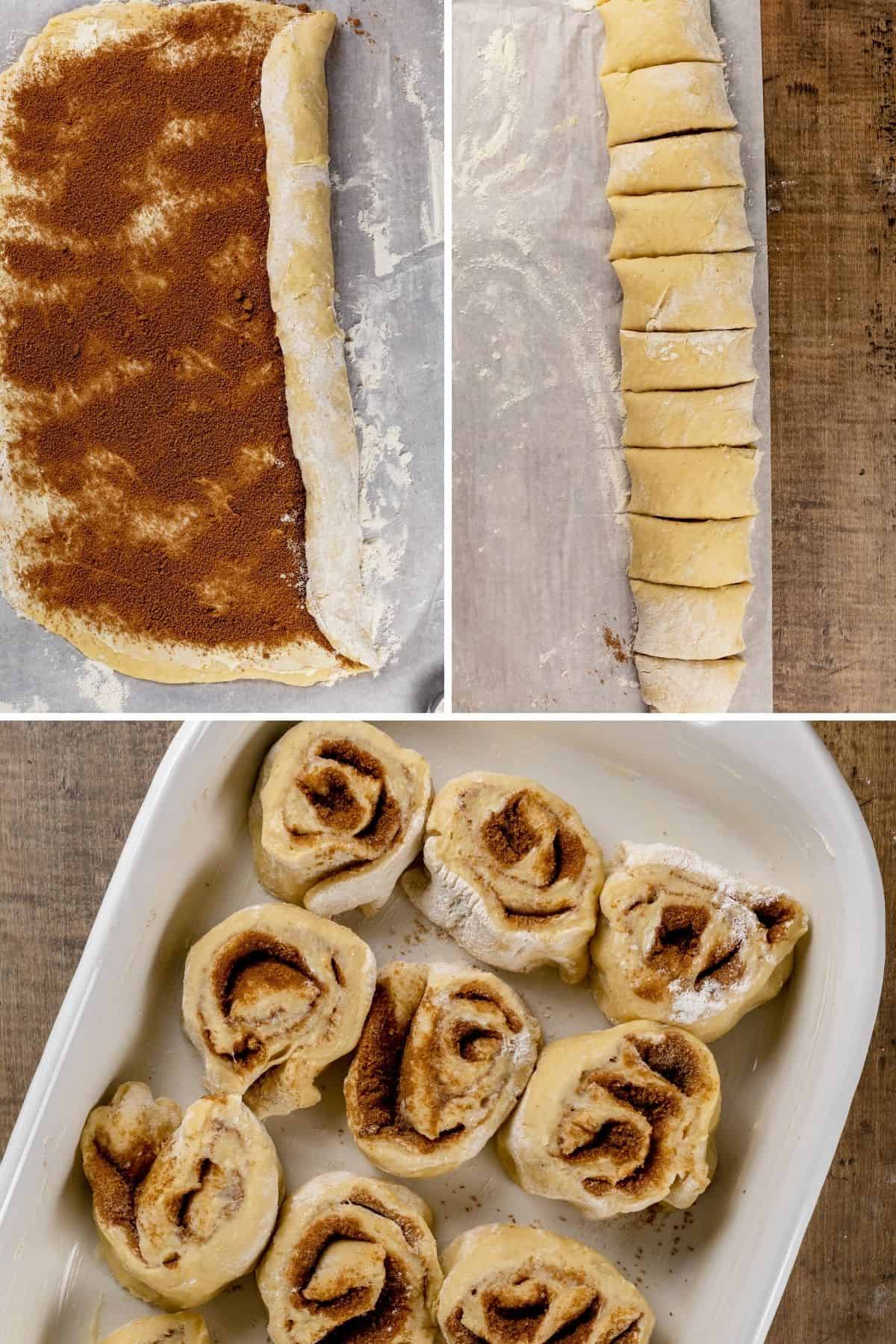collage of 3 images of rolling the dough, cutting the dough, and placing the unbaked rolls in the baking tray.