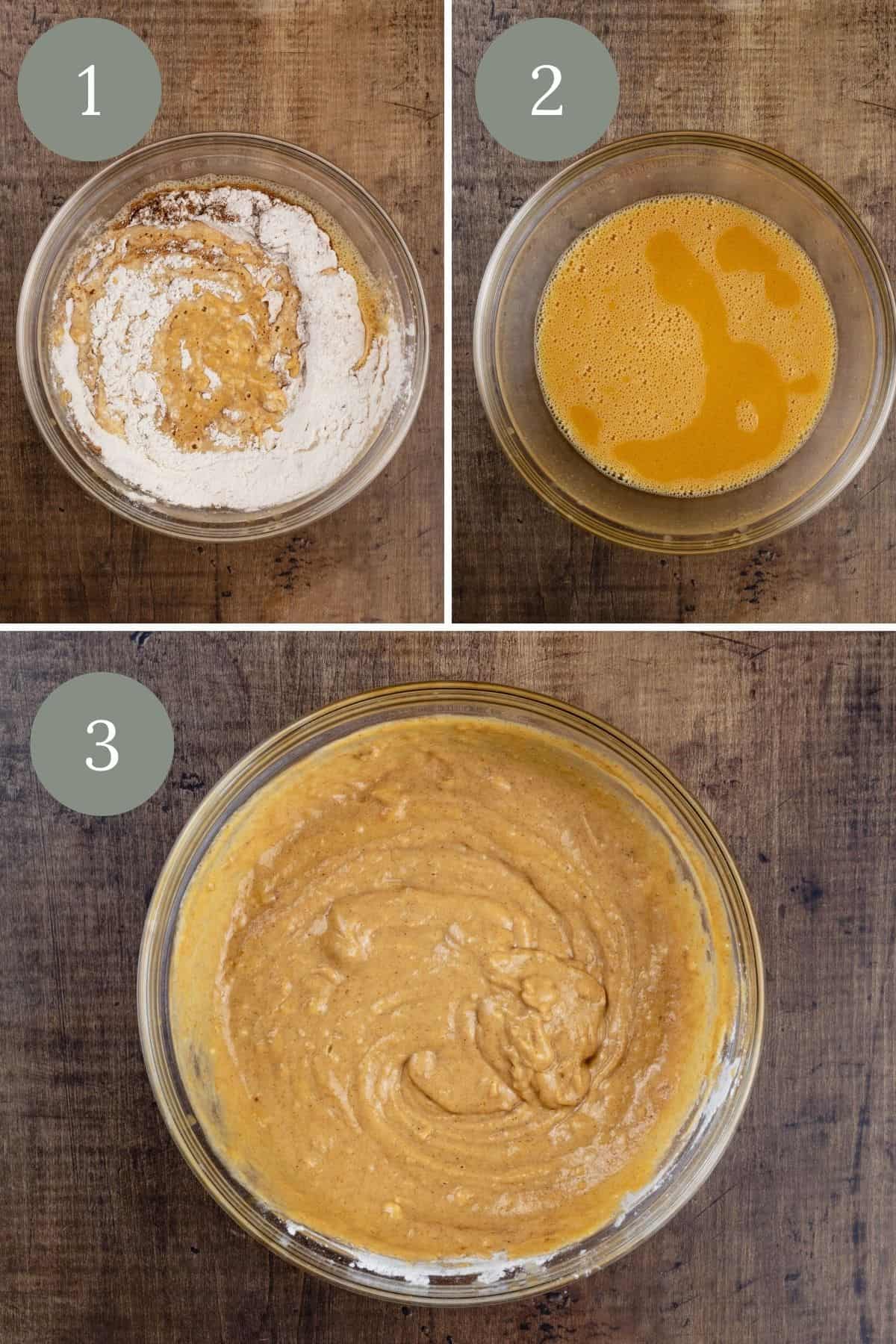 collage of 3 images of how to make pumpkin pancakes. each image has a green circle with a white number in the top left.