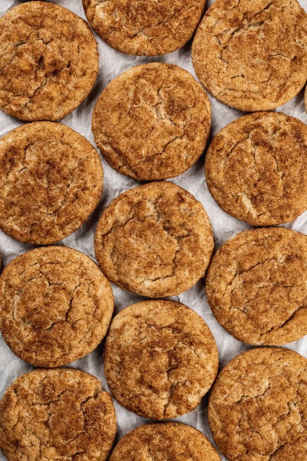looking down at 13 snickerdoodle cookies all lined up in rows. they are on crinkled white parchment paper with almost no space in between the cookies.