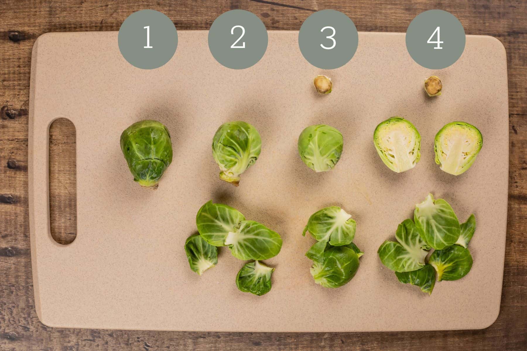 how to cut a Brussel sprout on a cutting board. each step is next to each other. green circles with a white number are on top of each step.