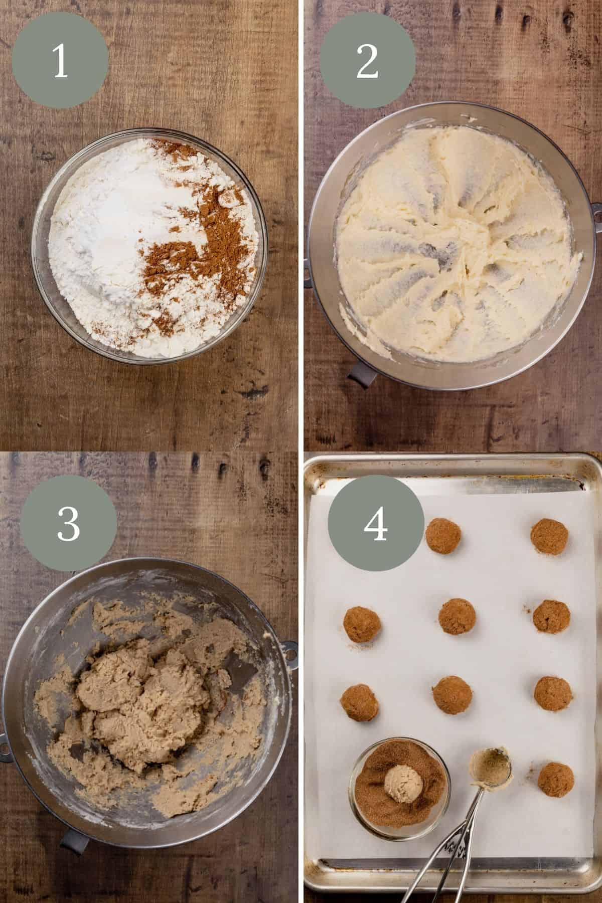 collage of 4 images of making snickerdoodles. there is an image of mixing the dry ingredients, the wet ingredients, the two together, and rolling the cookie dough balls in cinnamon sugar.