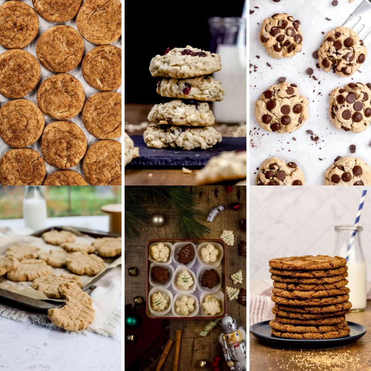 collage of 6 images of egg free cookies on various backgrounds.