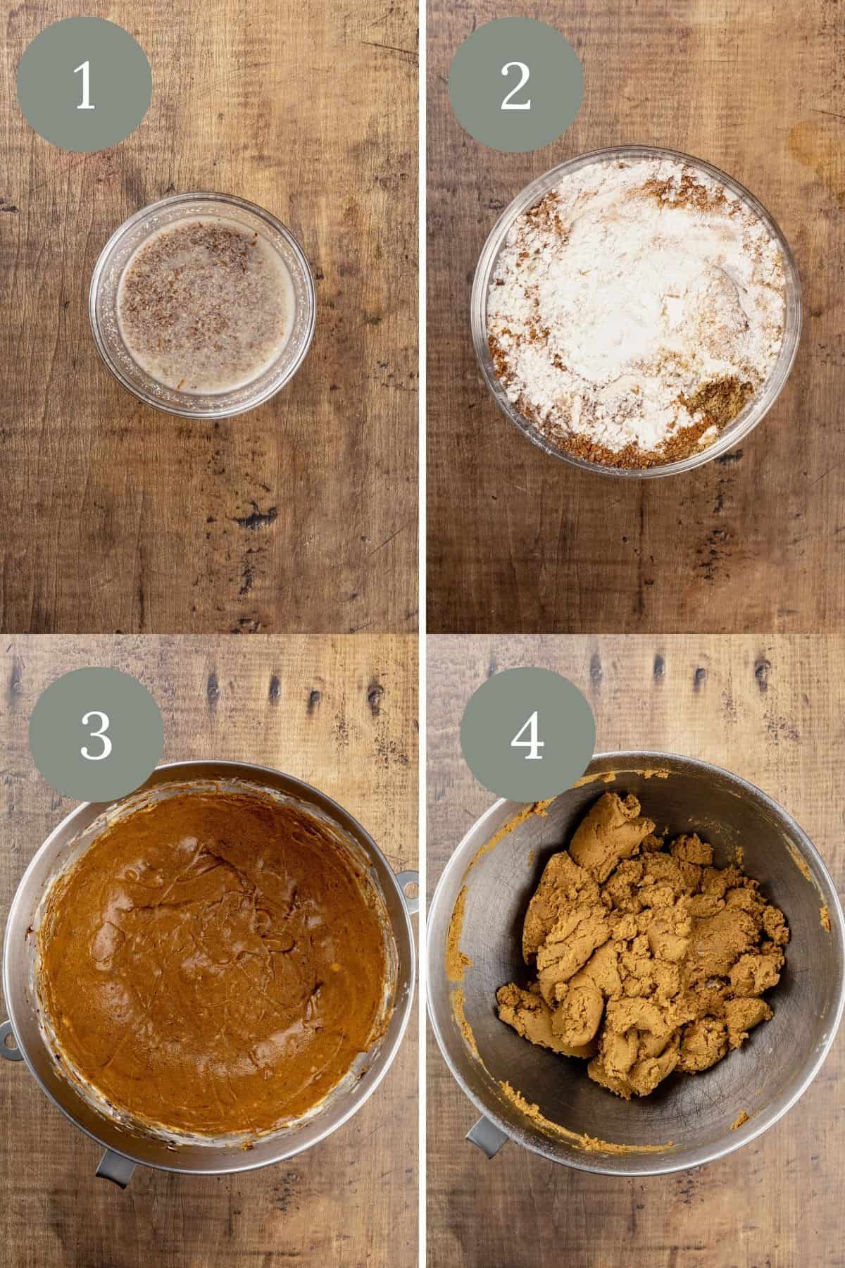steps 1 through 4 in a collage for making the cookies. each step is labeled and shows the dough in various stages in glass and metal bowls.