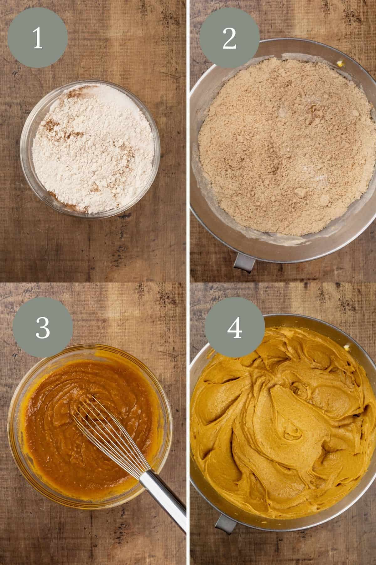 a collage of 4 images for the first four steps of making the muffins. each image is a bowl filled with the ingredients at various points.