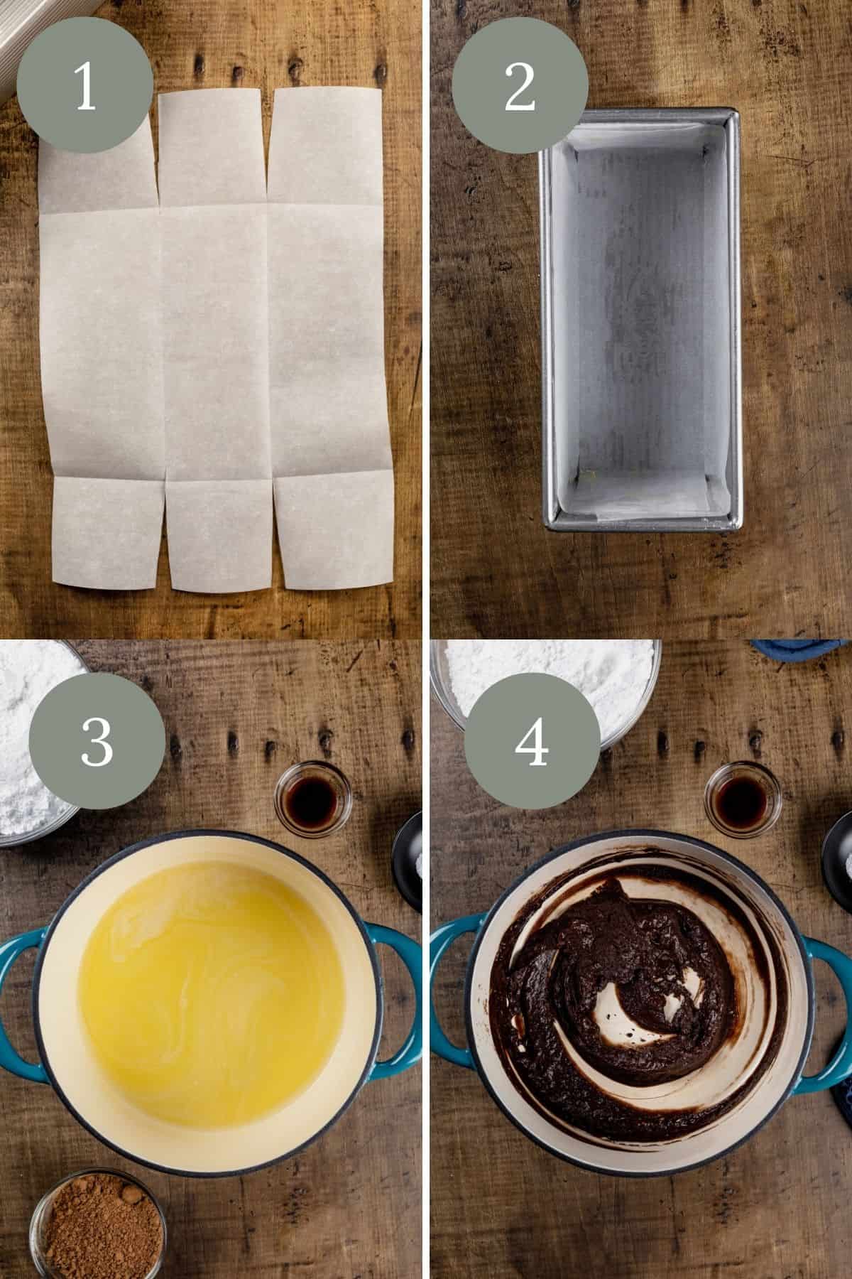 steps 1 through 4 of making fudge in a collage. it shows how to prepare the pan and the melting of butter with the cocoa.