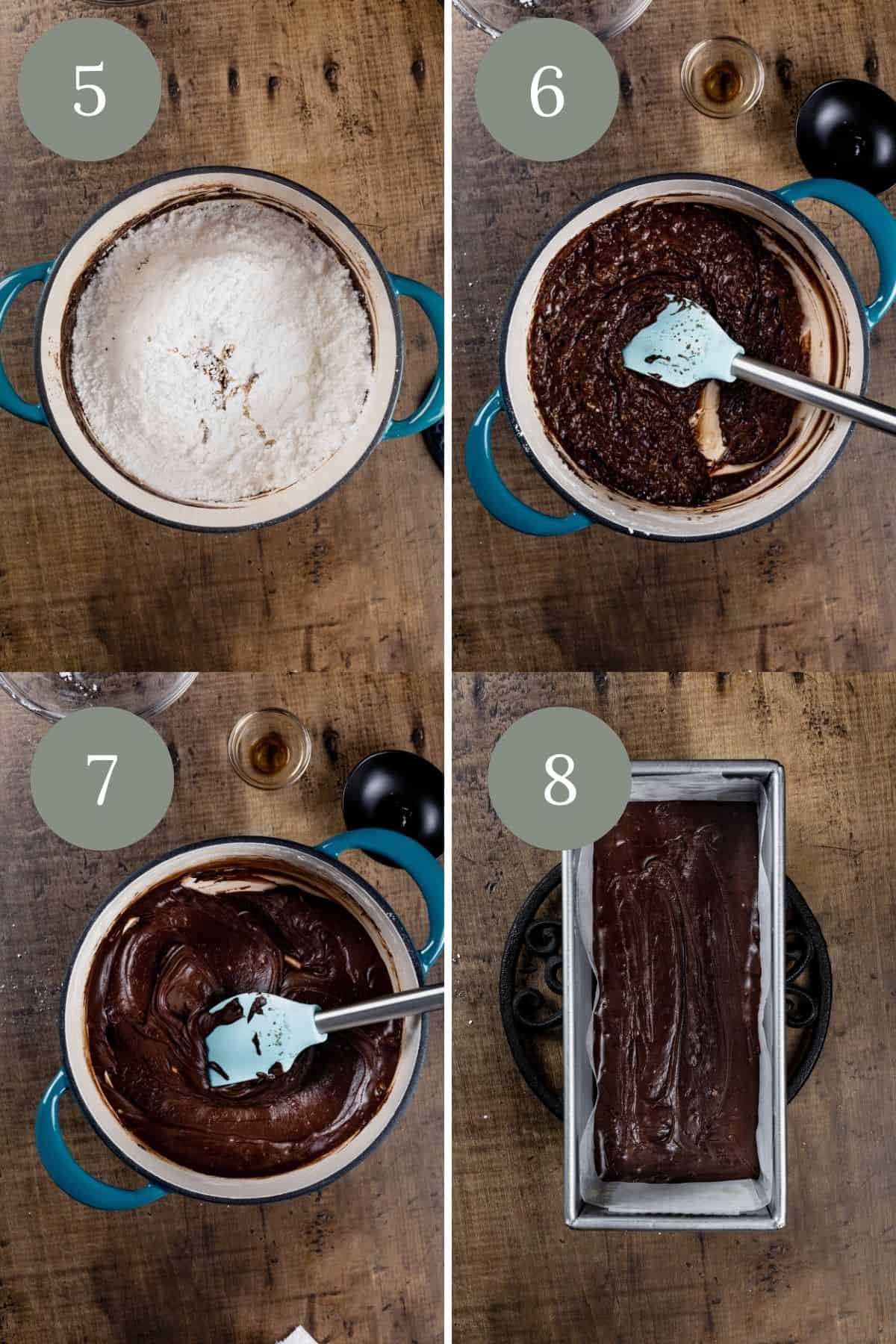 steps 5 through 8 of making fudge in a collage. it shows mixing the sugar into the fudge and mixing it til smooth. last it shows the fudge in the prepared pan.