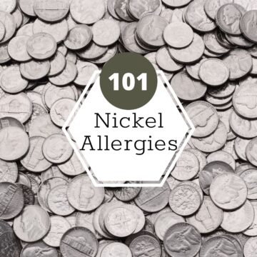 Many nickel coins up close and shiny with a text box on top that reads, "nickel allergies 101".