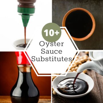 Collage of 4 images of oyster sauce alternatives. In the middle is a white hexagon with black text that reads, 10+ oyster sauce substitutes.