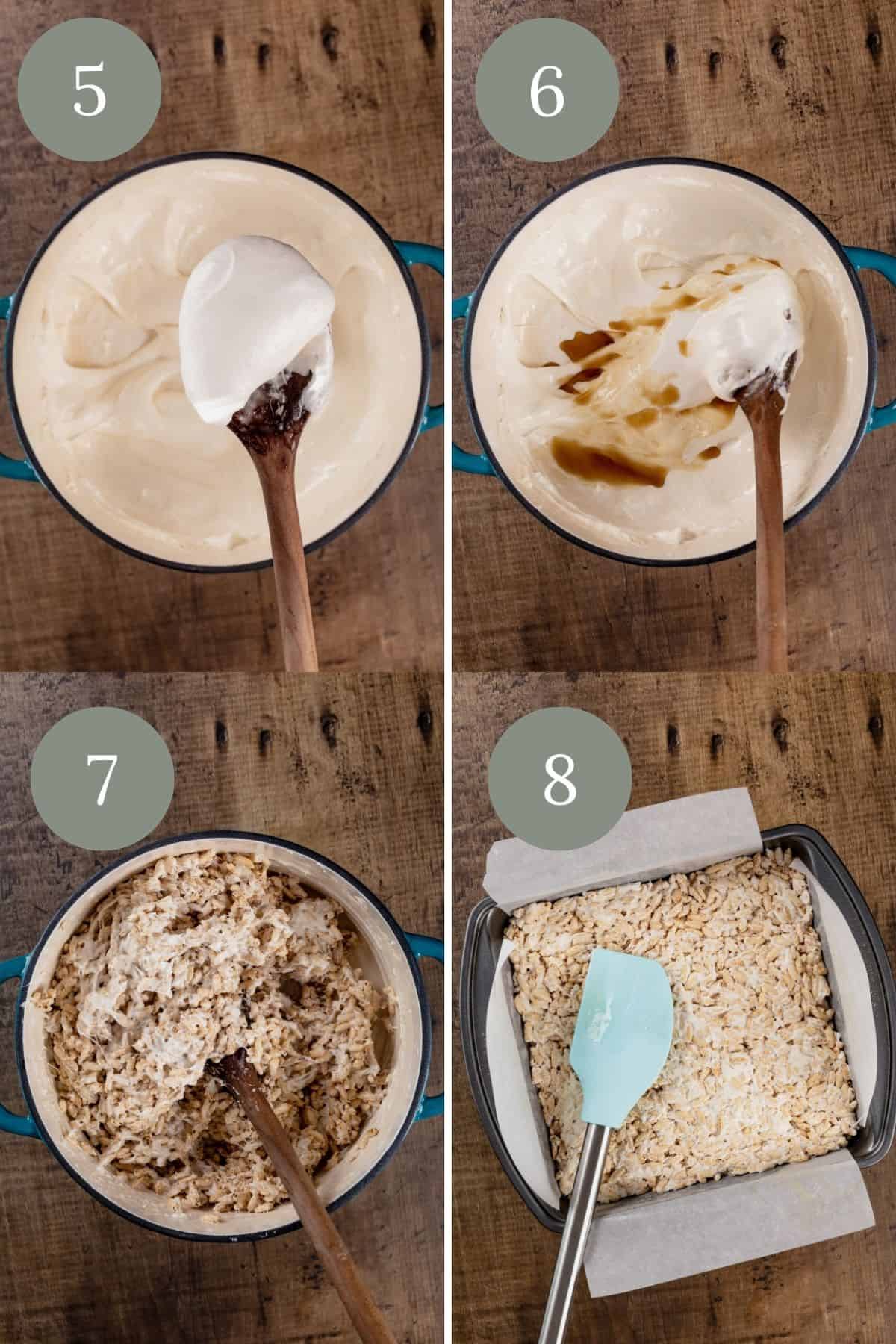 Steps 5 through 8 in a collage for showing how to make the treats. The marshmallows are fully melted, then the vanilla is added, and finally the cereal. It shows being patted into the pan.