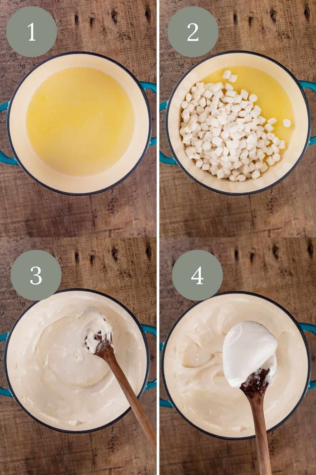 Steps 1 through 4 of making rice crispy treats in a collage. It shows the melted butter, adding marshmallows, and what the fully melted marshmallows look like up close.