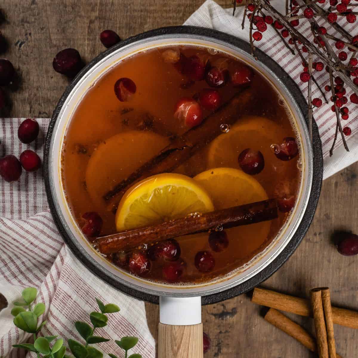 A white pot is filled with orange slices, cinnamon sticks, and other fresh whole spices. A red and white stripe towel is under the pot. More cranberries, cinnamon sticks, and greenery surround the pot.