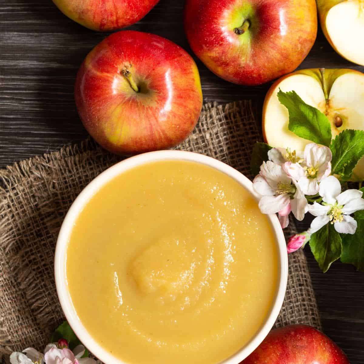 Up close look at a bowl of applesauce with apples surrounding.