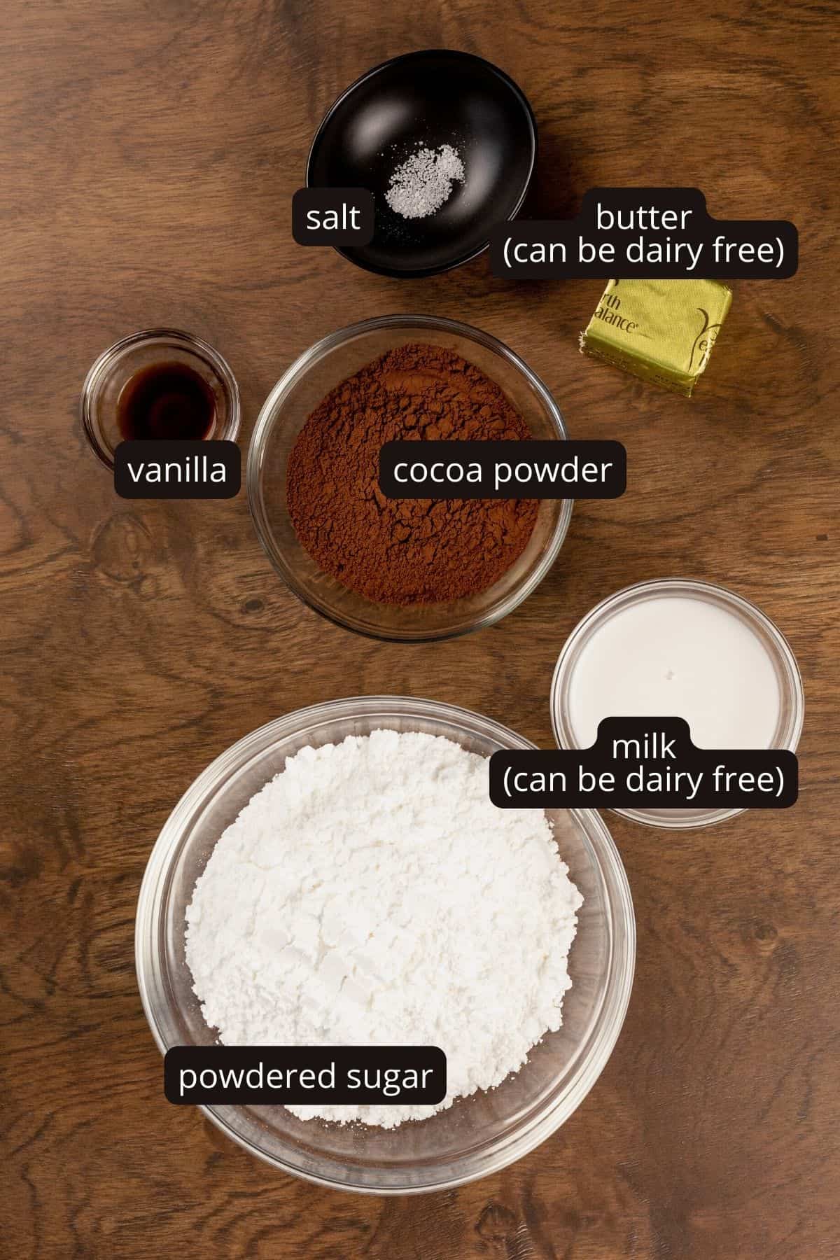Ingredients for brownie frosting in various glass bowls on a wood table. Black and white labels have been added to name each ingredient.