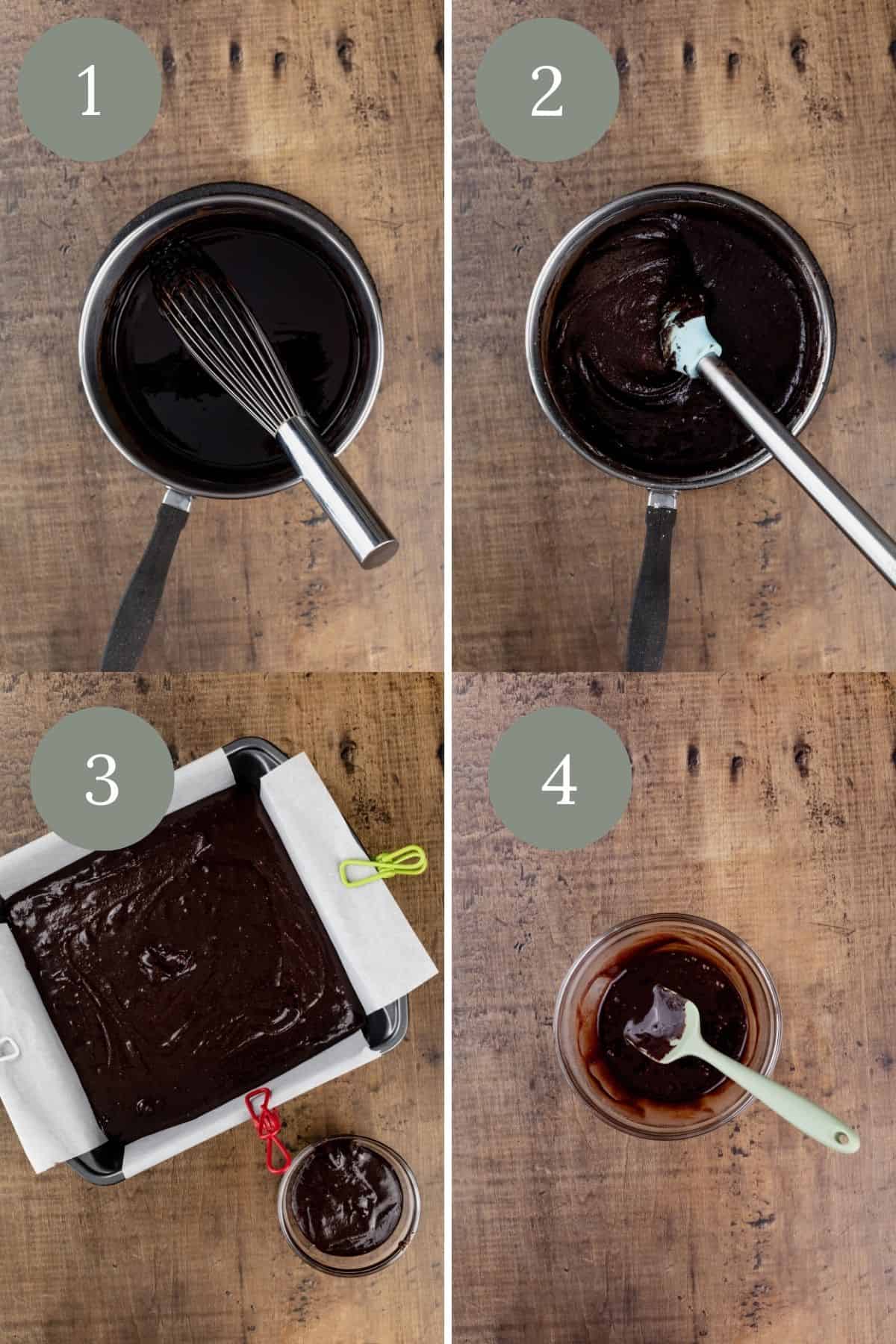 Collage of 4 images showing the making of the brownie batter and putting it into a pan.
