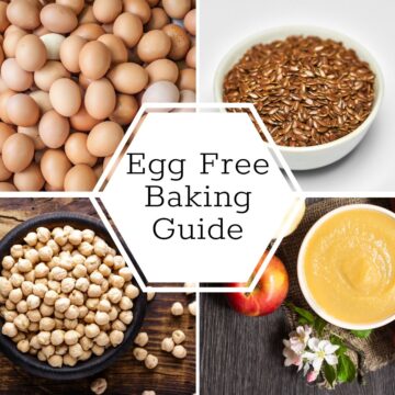 Collage of 4 images of eggs, flaxseeds, chickpeas, and applesauce. In the middle is a white hexagon with text that reads, "egg free baking guide".