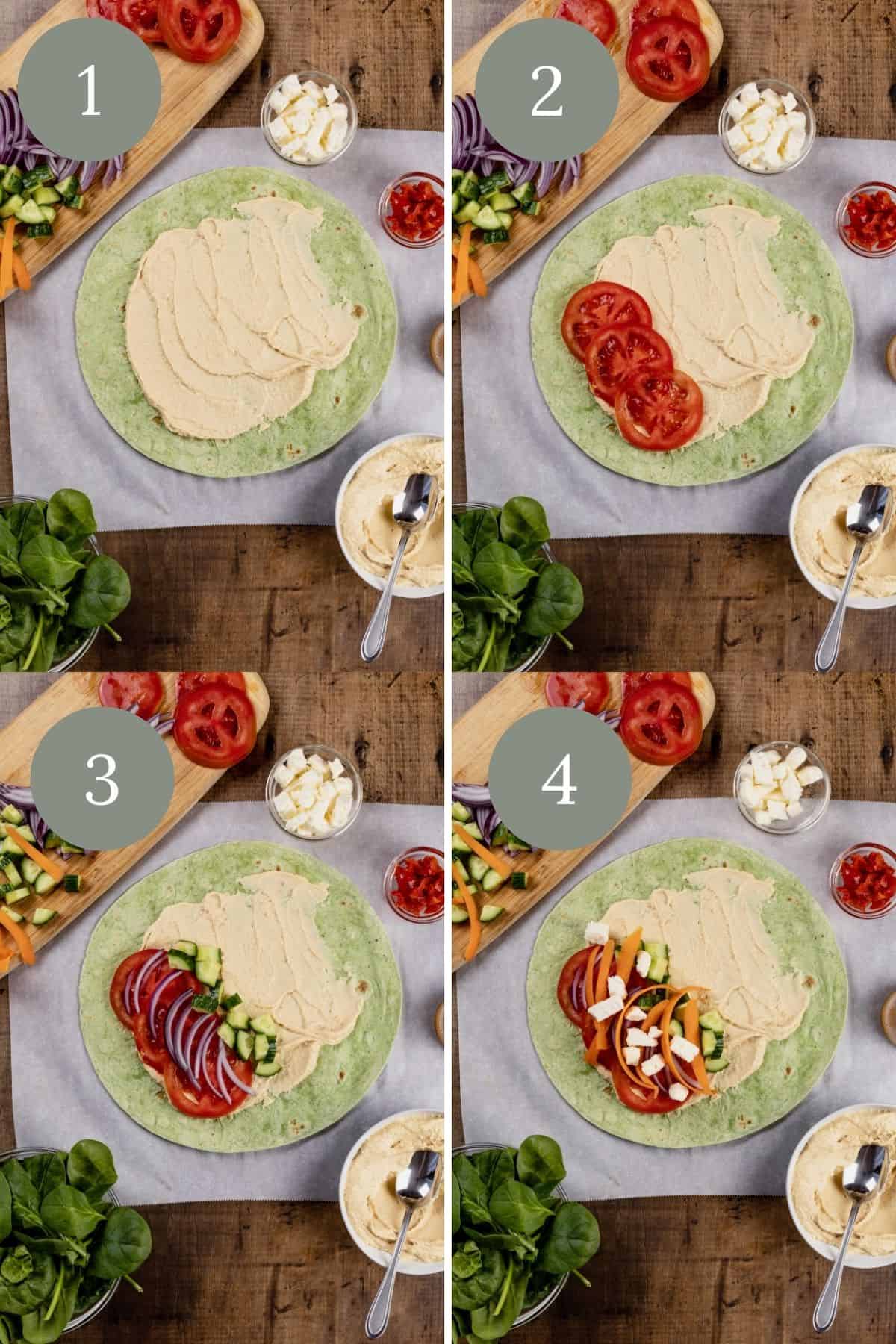 A collage showing the addition of ingredients to a green spinach veggie wrap. Each photo has more veggies in it than before.