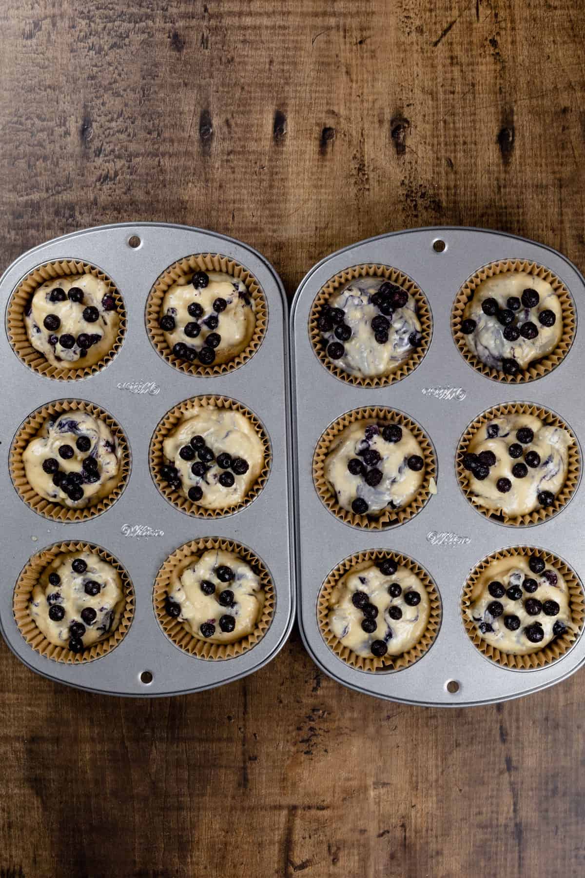 12 blueberry muffins in a tray before baking.